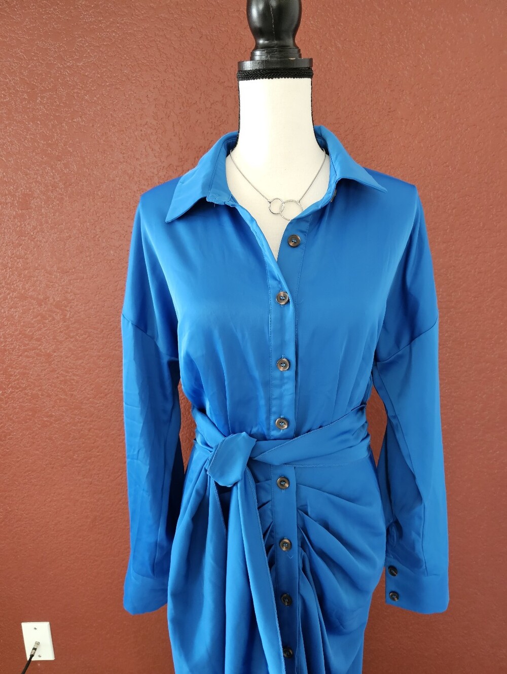 Asymmetrical Blue Satin Button-Front Dress with Waist Tie - Picture 3 of 13